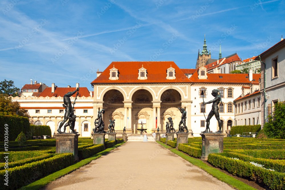 Wallenstein palace, the seat of Senate of Czech Republic, on sunny day. View from Wallenstein garden, Lesser Town, Prague, Czech Republic