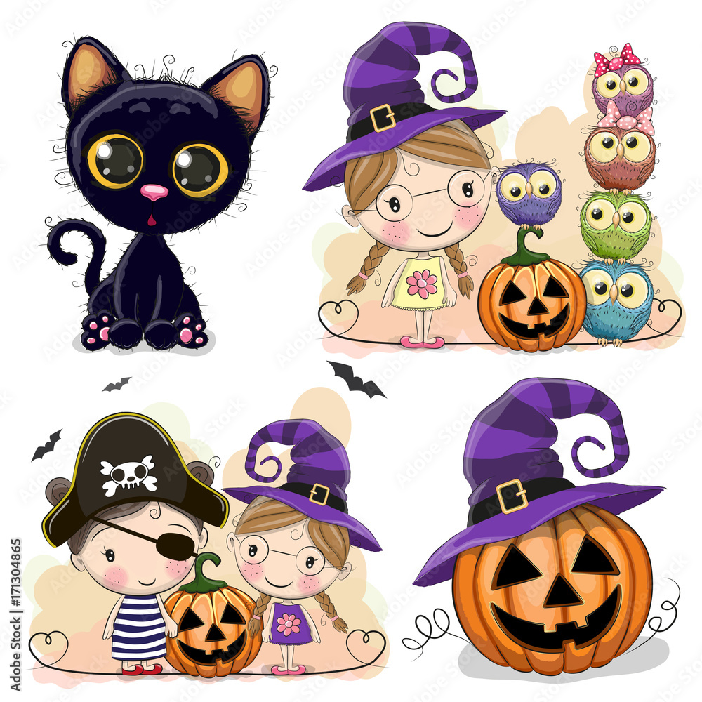 Set of Halloween cards with two girls Set of Halloween cards with two girls