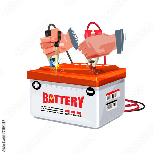 Hand of car mechanic uses battery jumperto charge a  battery - vector
