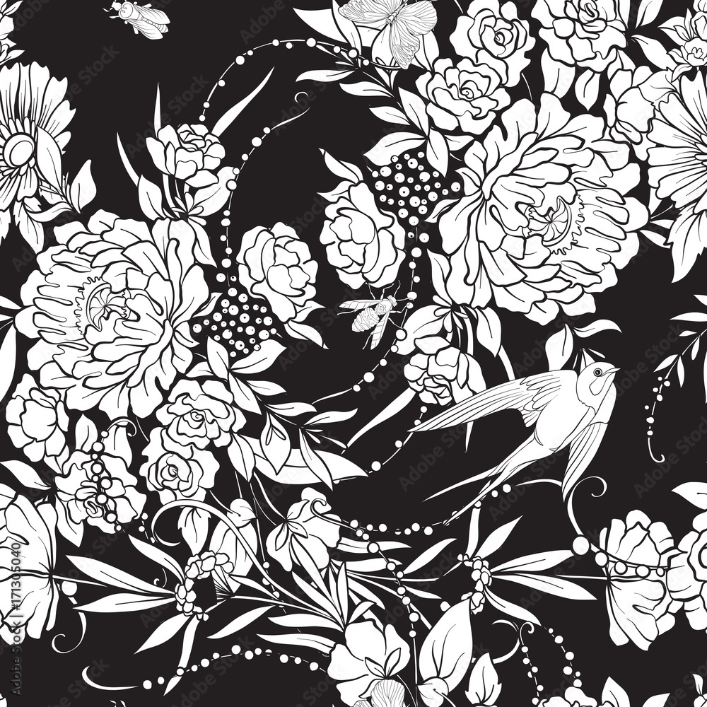 Floral seamless pattern with butterflies and bees and birds in realistic botanical style.  Stock vector illustration. In black and white.