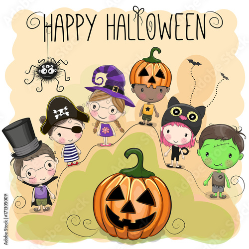 Cute Halloween illustration with kids