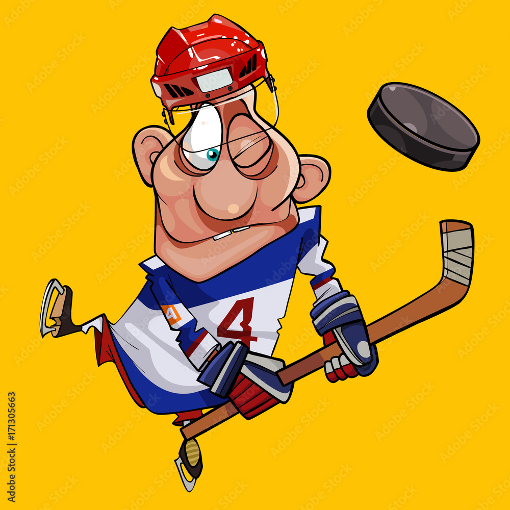 Naklejka premium funny cartoon hockey player with stick and puck