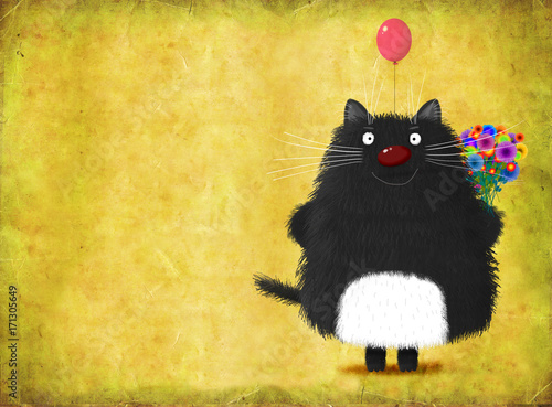 Canvas Print Black Smiling Cat Standing With Balloon And Flowers