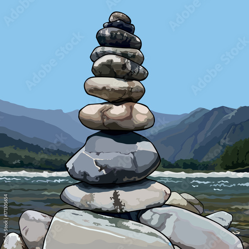 drawn pyramid of stones on a background of nature