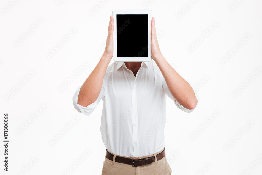 Man showing display of tablet computer. Man showing display of tablet computer.