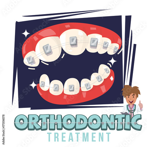 orthodontic treatment  character design in human mouth. - vector illustration