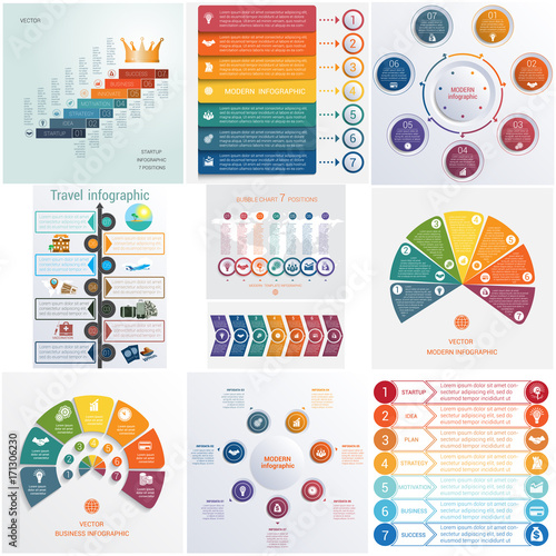 Set 10 universal templates elements Infographics conceptual cyclic processes for 7 positions