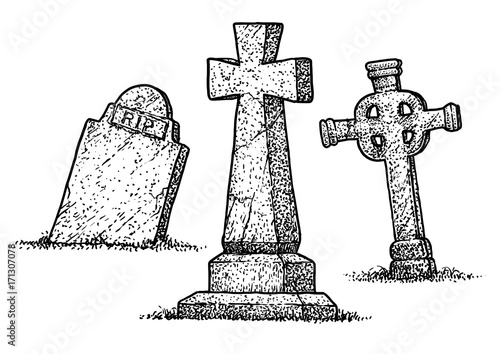 Gravestone illustration, drawing, engraving, ink, line art, vector