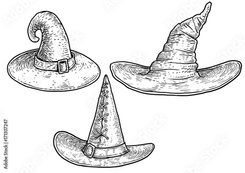 Witch hat illustration, drawing, engraving, ink, line art, vector