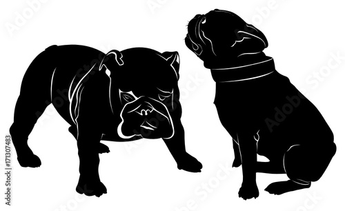 Dog Bulldog. The dog breed bulldog.Dog Bulldog black silhouette vector isolated on white background. Dog pug. Meeting two dogs of a bulldog and a pug © andrey7777777