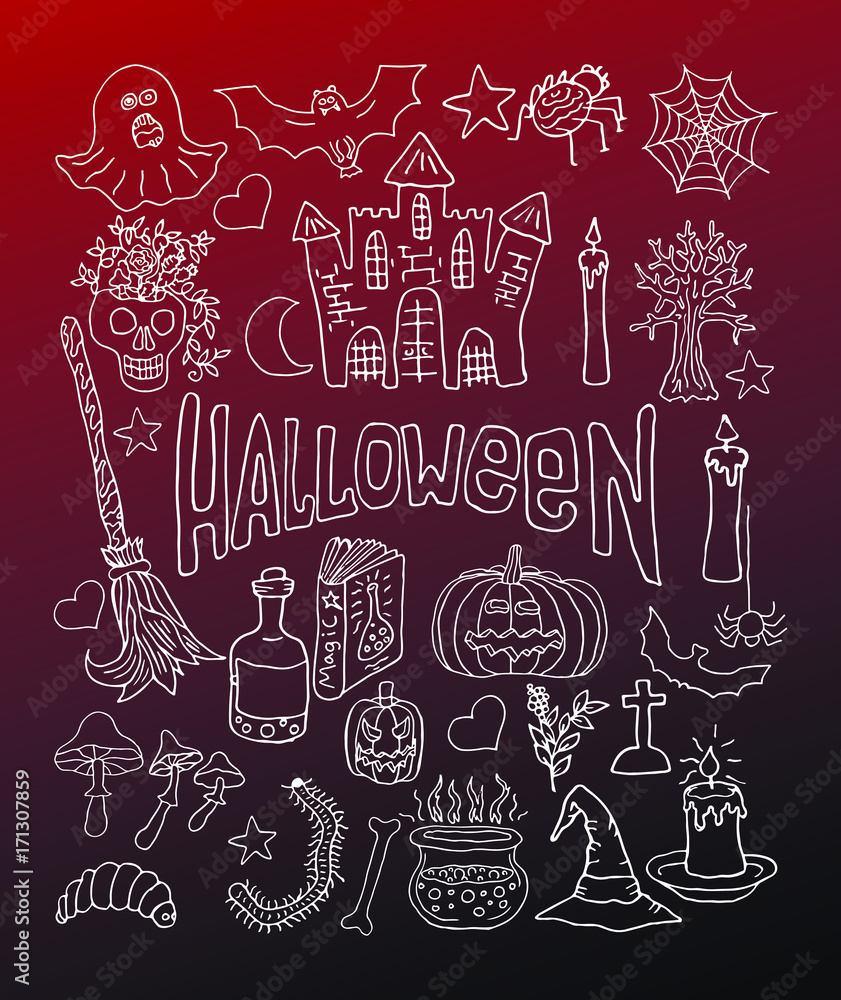Vector set of line art icons for Halloween. Hand drawn doodle pumpkin, tree, worms, potion, book, mushrooms, broom, castle. Vector set of line art icons for Halloween. Hand drawn doodle pumpkin, tree, worms, potion, book, mushrooms, broom, castle.