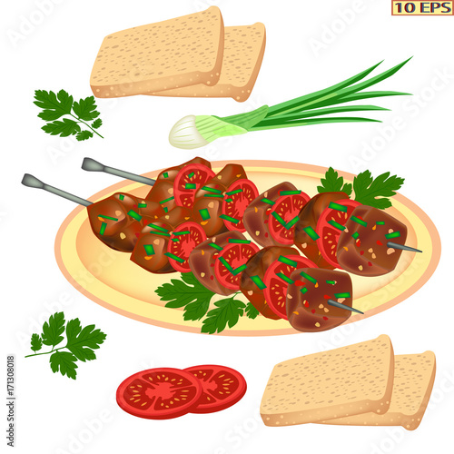 Kebab. Bread with grilled meat. Kebab with bread. Grilled meat on skewers. Kebab on the plate. Tasty meat roasted on the coals. Bread with meat, tomatoes, parsley, lettuce, onion. Vector illustration