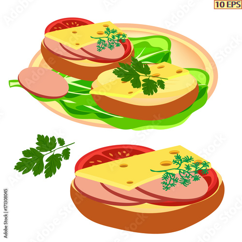 Sandwich. Sandwich with butter, sausage, cheese, tomatoes, parsley. Tasty sandwich with sausage. Fresh sandwich for breakfast. Bread with sausage. Bread with cheese. Sliced bread. Fast food. Vector.