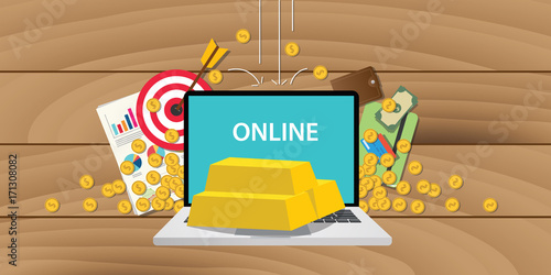 online gold investment with gold bar and laptop and business illustration