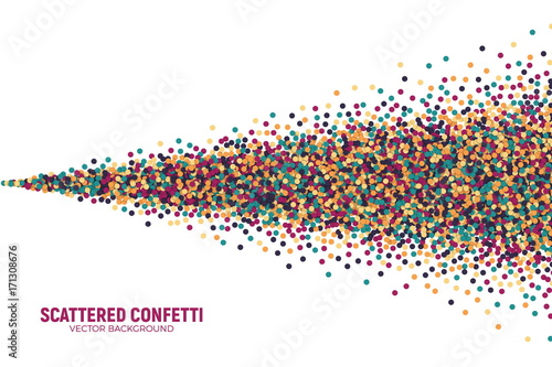 Vector Scattered Colorful Motley Confetti 3D Illustration in Abstract Spray Flow Shape Isolated on White Background. Varicolored Slapstick Paper Round Particles. Graphic Design Template