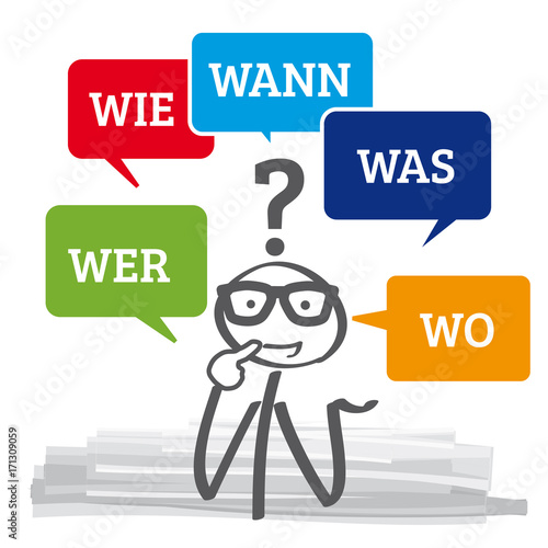 wer wie was wann wo – Strichmännchen überlegt - bunte Sprechblasen