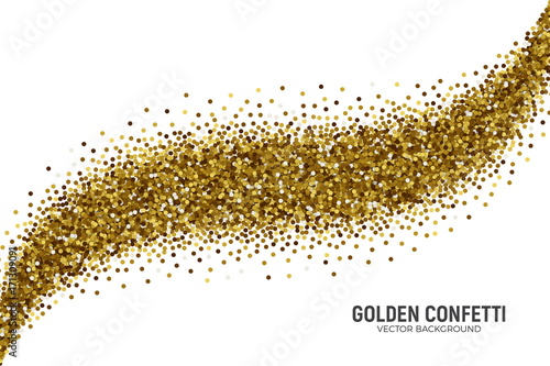 Vector Scattered Golden Confetti in Abstract Trail Shape Isolated on White Background 3D Illustration. Slapstick Paper Round Gold Bright Particles. Graphic Design Template