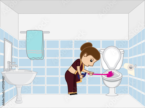 Indian Woman Cleaning Toilet Seat