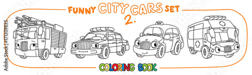 Funny small cars with eyes. Coloring book set
