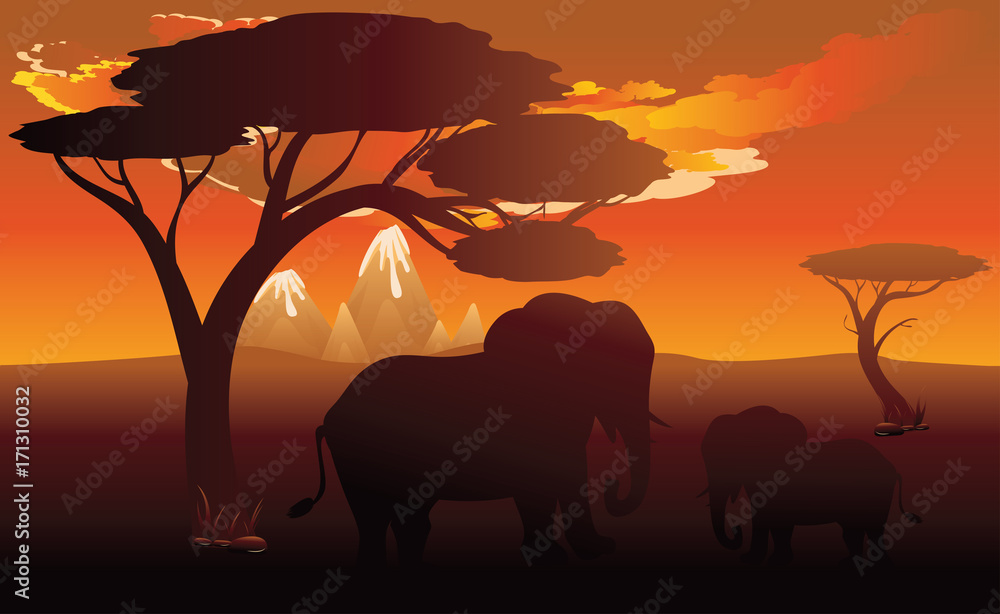 African Sunset with Elephant