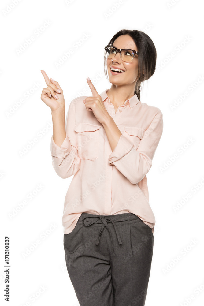 woman pointing away with fingers woman pointing away with fingers