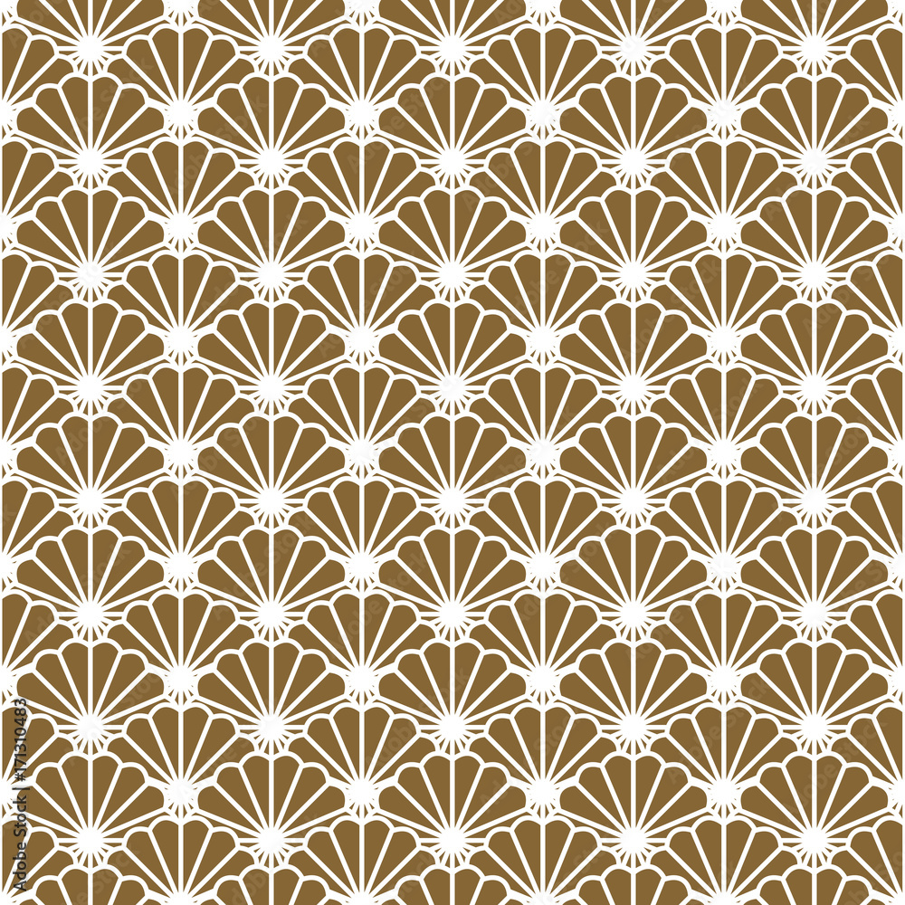 Fototapeta premium Japanese fan vector seamless pattern in gold line color style. Japan seashell inspired floral design.