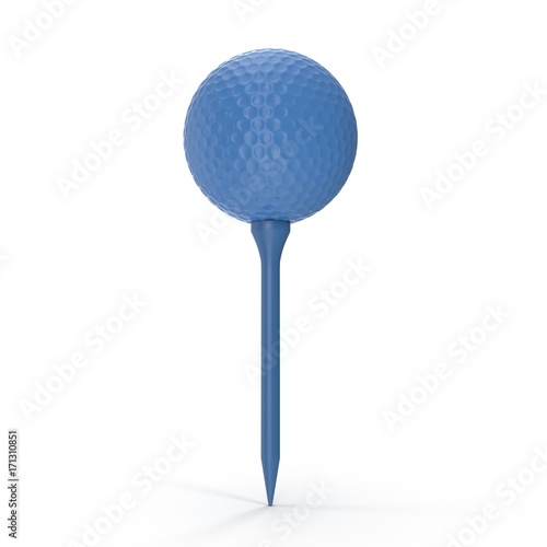 Golf ball on blue tee on white. 3D illustration