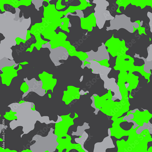 Neon green and gray UFO camouflage is a bright seamless pattern that can be used as a camo print for clothing and background and backdrop or computer wallpaper