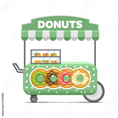 Donat street food cart. Colorful vector illustration, cute style, isolated on white background