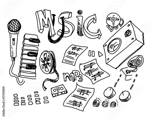 Music doodle collection, hand drawn illustration.