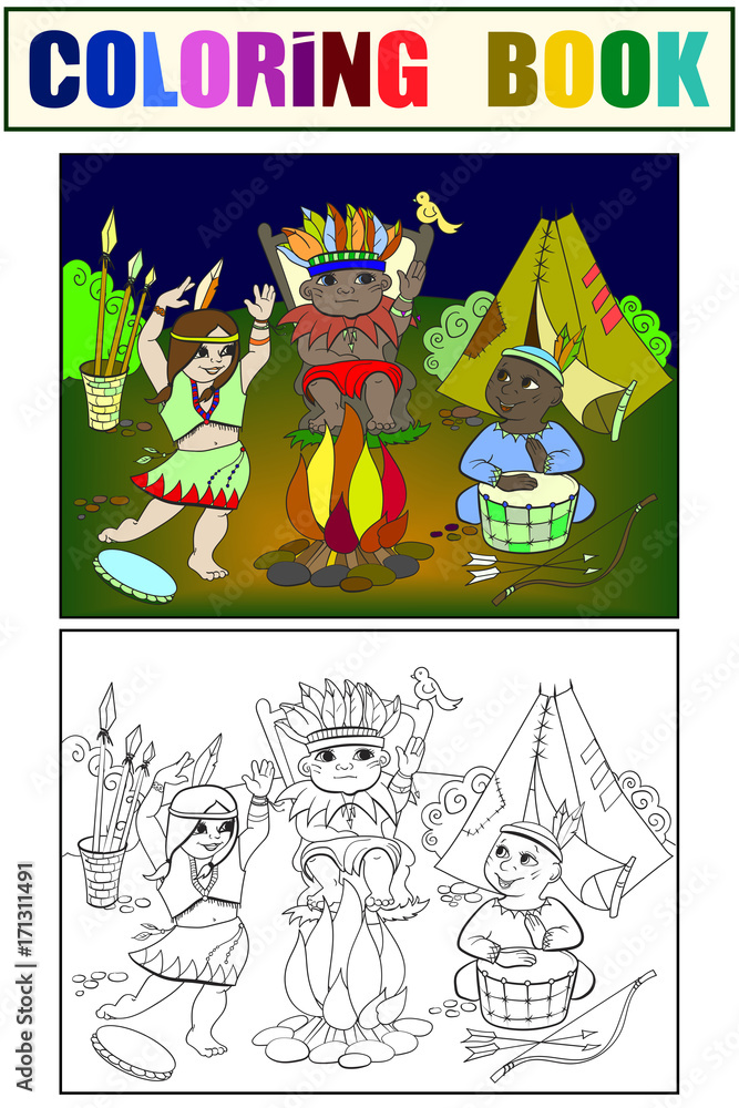 Fototapeta premium Indian tribe in the form of three children coloring vector for adults