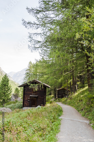 Zermatt, Alpen, Wallis, Zmutt, Furi, Wanderweg, Zmuttbach, Walliser Haus, Stall, Holzhaus, Bergbauer, Lärchenwald, Sommer, Schweiz © bill_17