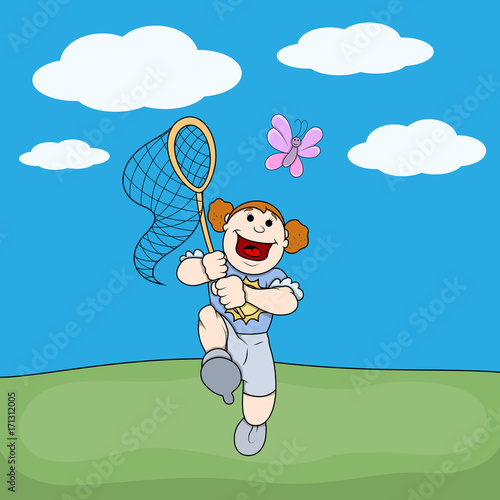 Cartoon Young Girl Catching Butterfly
