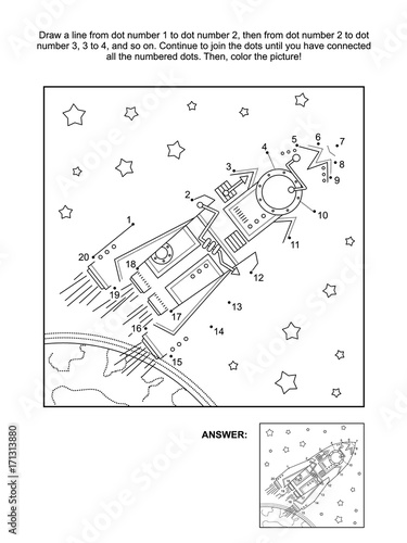 Connect the dots picture puzzle and coloring page, space exploration themed, with rocket, or spaceship, stars, earth. Answer included.
