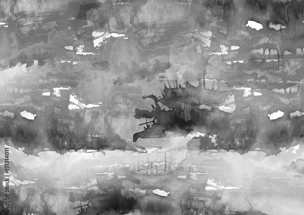 Watercolor background with black and white spots, blots, grunge. It is made of black ink, paints.Vintage illustration of black and white .Abstract splash of paint.