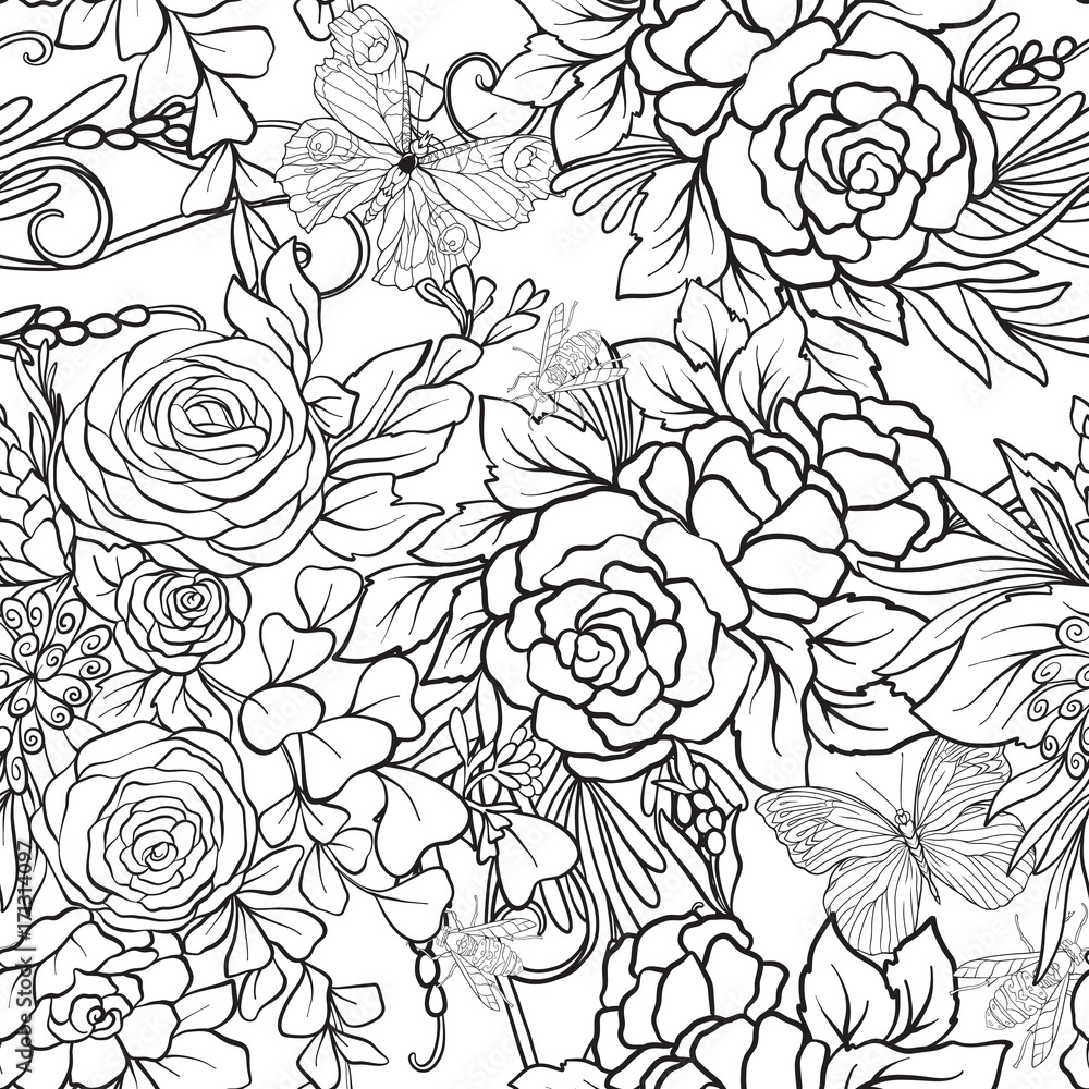 Floral seamless pattern with butterflies and bees in realistic botanical style. Stock vector illustration. Outline hand drawn. Floral seamless pattern with butterflies and bees in realistic botanical style. Stock vector illustration. Outline hand drawn.