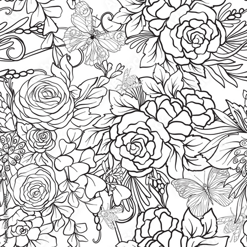 Floral seamless pattern with butterflies and bees  in realistic botanical style.  Stock vector illustration. Outline hand drawn.