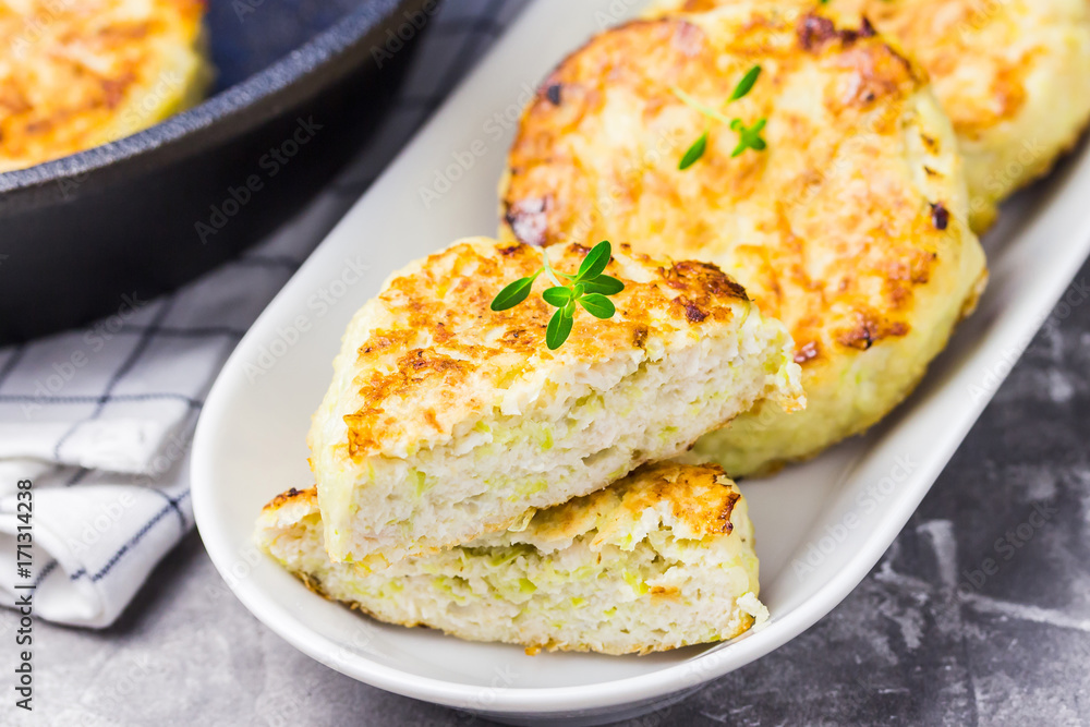 Healthy chicken zucchini fritters. Selective focus, space for text. Healthy chicken zucchini fritters. Selective focus, space for text.
