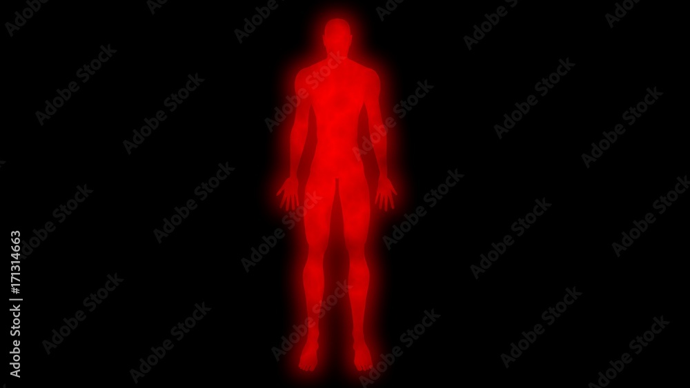 Glowing man arms down at sides. Internal smoke effect in body