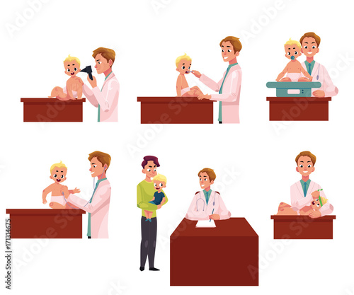 Man pediatrician, doctor doing medical exam, checkup for baby, infant, cartoon vector illustration isolated on white background. Set of babies, infants undergoing medical exam checkup by pediatrician
