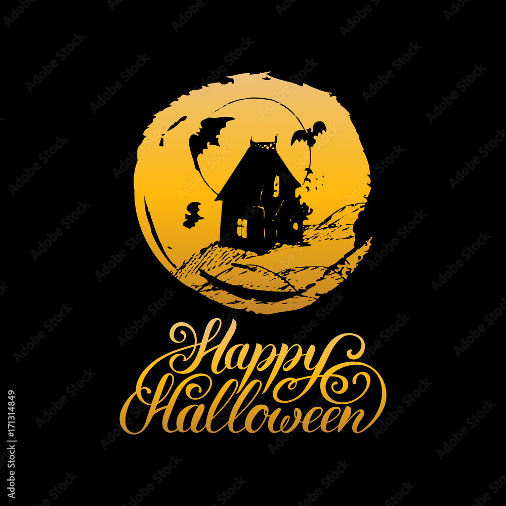 Vector illustration with Happy Halloween lettering. All Saints Eve background. Festive symbols for greeting card, poster