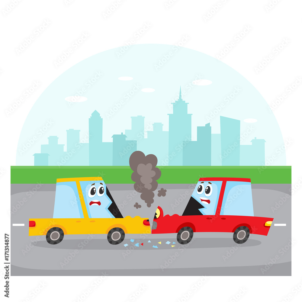 Road accident, head on collision on city street with car characters, side view cartoon vector illustration. Two cartoon car characters with human faces have road accident, collision on city street Road accident, head on collision on city street with car characters, side view cartoon vector illustration. Two cartoon car characters with human faces have road accident, collision on city street