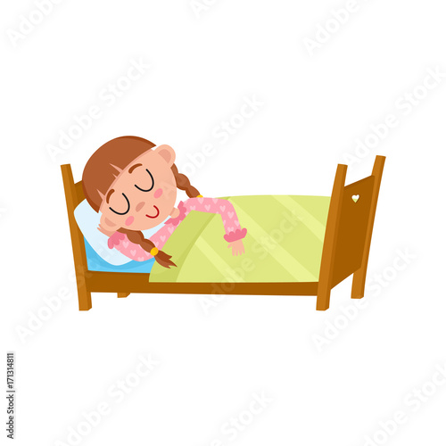 vector flat cartoon girl kid sleeping in her bed under warm blanket. Isolated illustration on a white background. Happy child character, daily routine concept.