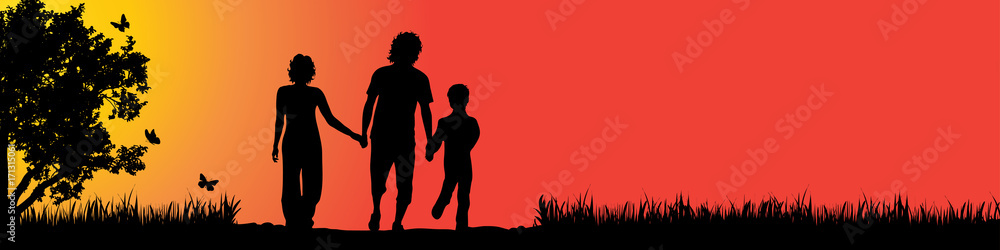 Vector silhouette of family in nature at sunset.