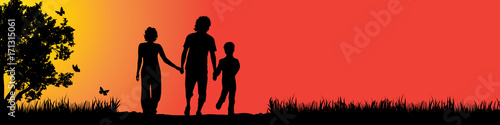 Vector silhouette of family in nature at sunset.