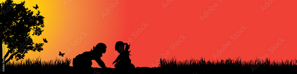 Vector silhouette of children in nature at sunset.