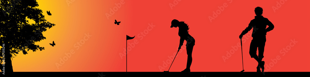 Naklejka premium Vector silhouette of golfer in nature at sunset.