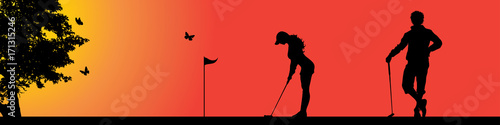 Vector silhouette of golfer in nature at sunset.