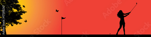 Vector silhouette of golfer in nature at sunset.
