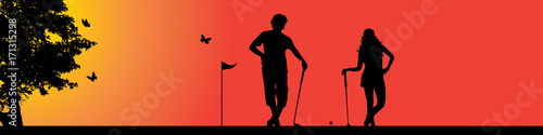 Vector silhouette of golfer in nature at sunset.